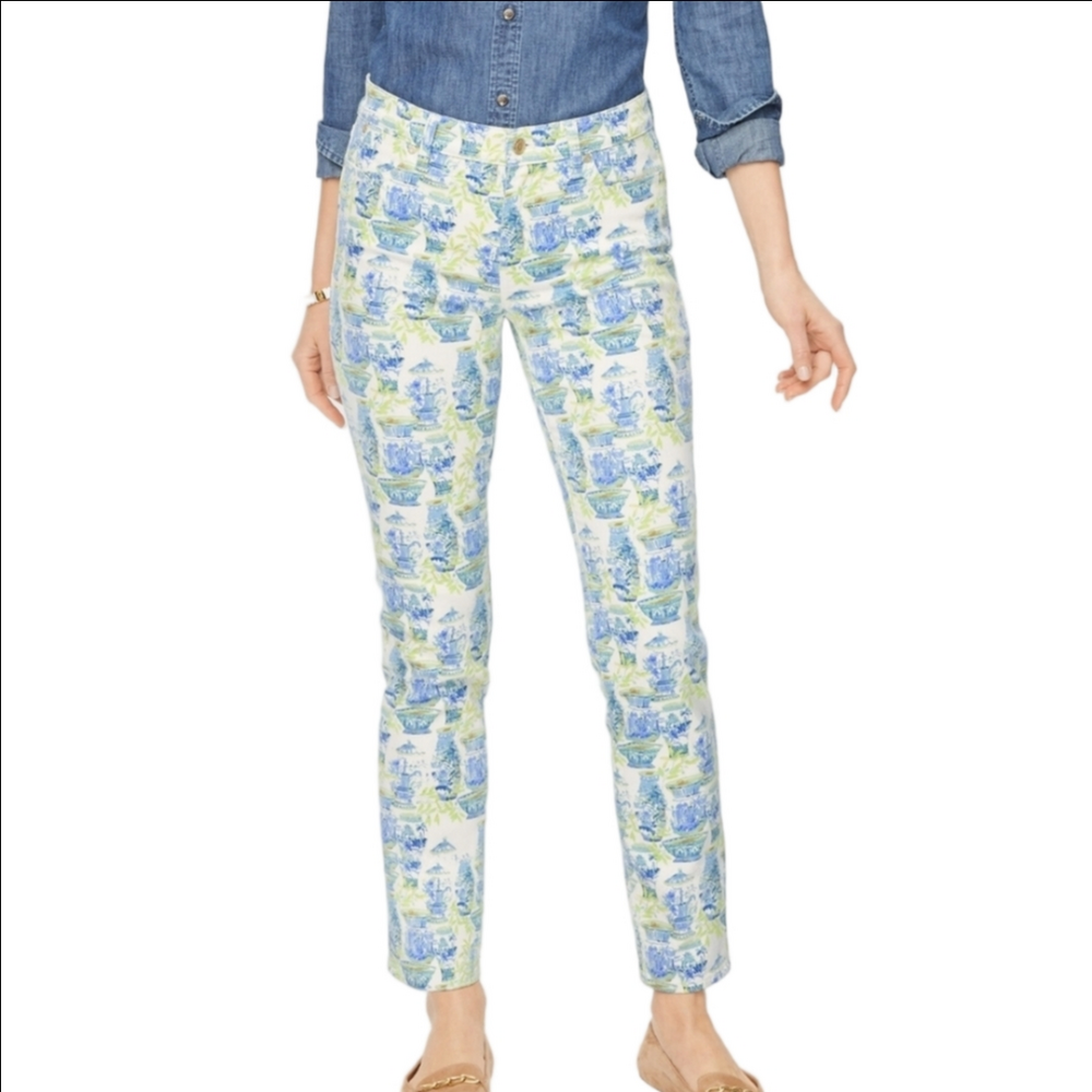 NWT Talbots White Blue Green Watercolor Vase Print Slim Ankle Jean